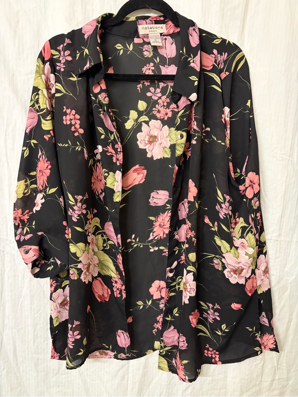 Notations Black Floral Button-Down Blouse with Pink & Green Accents